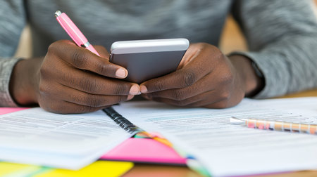 Student Using Smartphone for Organization and Planning, with Colorful Planner, Pen, and Papersの素材