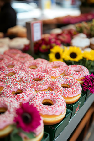 Cheerful Pink Iced Donuts with Sprinkles Decorated with Fresh Flowers on Bakery Displayの素材