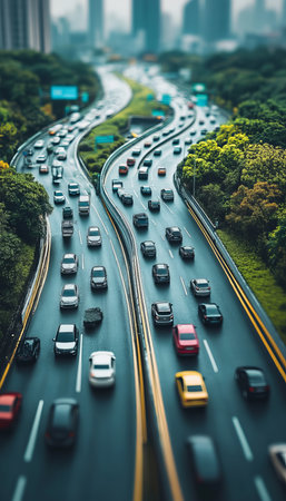 Urban Transportation Artery, Elevated Expressway, Highway Rush Hour Traffic Flow, Miniature Effectの素材