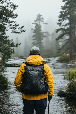 Exploring the Wilderness Hiker with Backpack Enjoys Tranquil River Scenery in a Misty Forestの素材