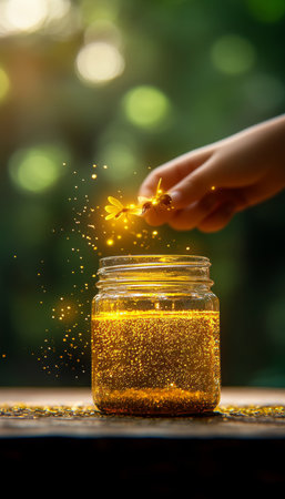 Golden Glitter Sprinkled into a Jar Filled with Liquid, Creating a Magical and Sparkling Effectの素材