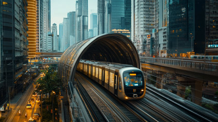 Modern Cityscape With Elevated Train, Urban Transportation in a Bustling Metropolitan Area at Duskの素材