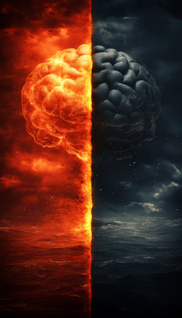 Fiery Half and Cold half Brain Representing Concept about Brain Function. 3D illustrationの素材
