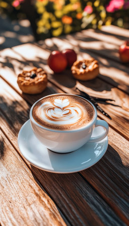 Sunny Garden Coffee Break Latte Art, Fruit Tarts, and Sweet Treats on a Rustic Wooden Tableの素材