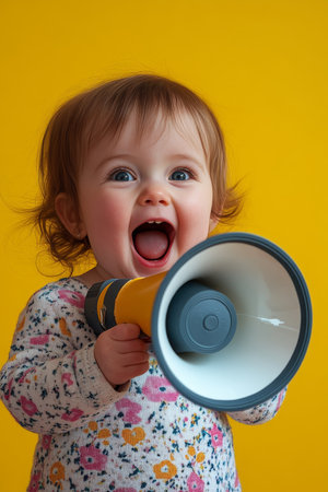 Joyful Toddler Girl with Open Mouth Holds A Megaphone on Yellow Background, Isolatedの素材