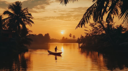 Golden Hour Serenity Silhouette of a Fisherman on a Tranquil River at Sunset, Vietnamの素材