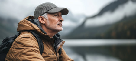 Serene man wearing a cap and a brown coat contemplates the tranquil beauty of a mountain lake.の素材