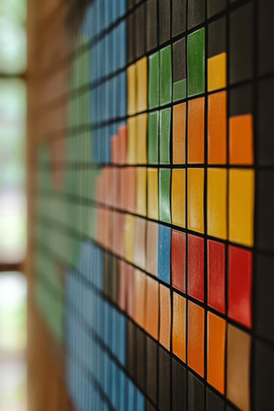 Colorful, Geometric Mosaic Tile Wall, Abstract Background for Business, Technology, Innovationの素材