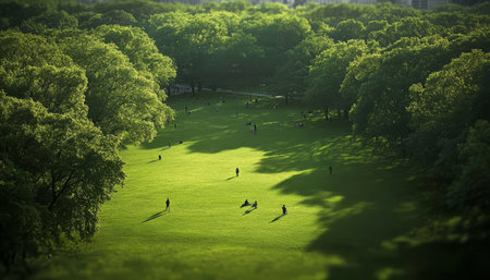 Lush green park, tranquil landscape, aerial view with dappled light, shadows from trees.の素材