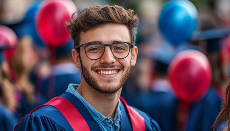 Happy Graduate Celebrates with Friends Outdoors in Cap and Gown, Surrounded by Colorful Balloonsの素材