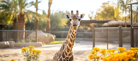 Young Giraffe Explores Sunny Zoo Habitat, Portrait with Lush Foliage and Warm Lightingの素材