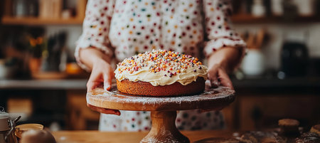 Woman Holding Delicious Festive Cake, Decorated with Colorful Sprinkles, Rustic Kitchen Backgroundの素材