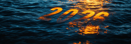 Glowing 2026 Numerals Cast on Dark, Wavy Water Surface in Sunset Orange and Blue Huesの素材
