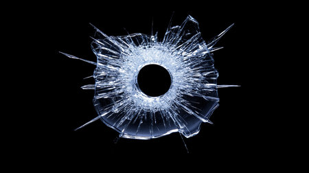 Shattered Glass Bullet Hole. Isolated Impact, Security Breach. Crime Scene Photographyの素材