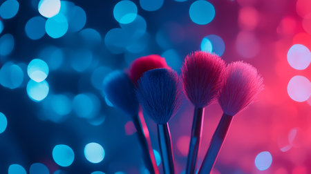 Vibrant Beauty Tools Colorful Makeup Brush Collection on a Neon Background With Copy Spaceの素材