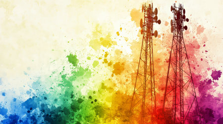 Telecommunication Towers In Vibrant Colorful Watercolor Background, Modern Technologyの素材
