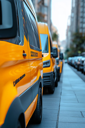Lineup of Vibrant Yellow Custom Decal Vans Parked on Urban Street with Bokeh Backgroundの素材