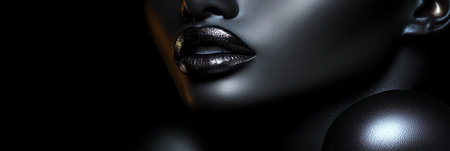 Close-Up Portrait of Beauty Woman With Glossy Black Makeup On A Black Backdrop, Sensual Lookの素材