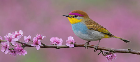 Vibrant Colorful Bird Perched on a Blooming Branch, Spring Nature Scene, Wildlife Photographyの素材