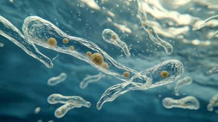 Microscopic View of Bacteria, Virus, Pathogen Cells Floating in Liquid, Abstract Backgroundの素材