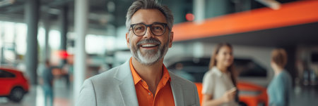 Smiling Car Salesman in Dealership Showroom with Blurred Family and SUV, Space for Textの素材