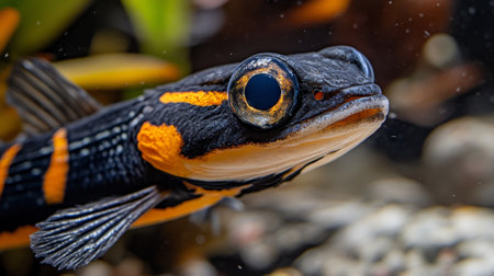 Striking Black and Orange Fish with Big Eyes, Detailed Portrait on Textured Backgroundの素材