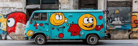 Playful Smiley Face Decals Adorn a Turquoise Van Parked on a Graffiti-Covered City Streetの素材
