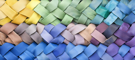 Abstract Background Woven Strips of Multicolored Fabric Intertwined, Forming a Textured Canvas.の素材