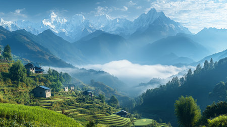 Serene Himalayan Majesty Traditional Village Nestled in a Snow-Capped Mountain Valley, Nepalの素材