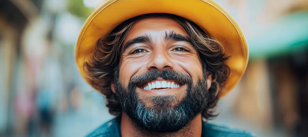 Close-up Portrait of a Handsome Bearded Man with a Yellow Hat, Radiating Joy with a Genuine Smileの素材