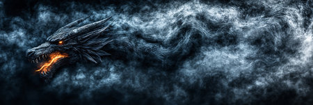 Fierce Dragon Head With Glowing Eyes Emerging From Dark Smoke, Digital Fantasy Illustrationの素材