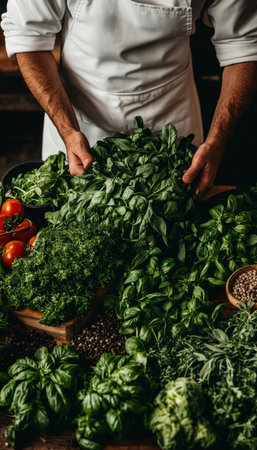 Chef Prepares Fresh Garden Herbs and Vegetables, Placing Ingredients on Rustic Kitchen Tableの素材