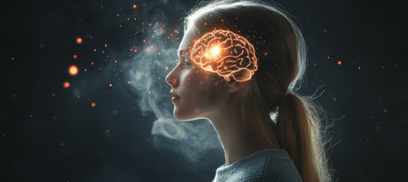 Woman with Glowing Digital Brain Conceptual Portrait Exploring Technology and Consciousness.の素材