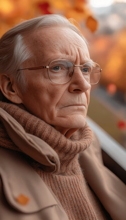 Pensive Senior Contemplates The Past, With A Soft Focus Background And Ample Copy Space.の素材
