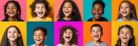 Joyful, Playful Children on Brightly Colored Backgrounds A Celebration of Diversity and Childhoodの素材