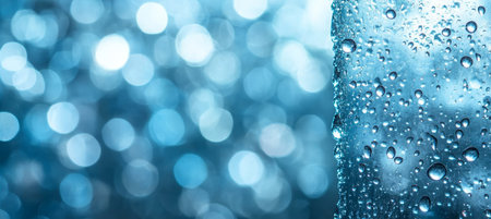 Water Drops On A Transparent Surface With Soft Blue Bokeh Background, Cleanliness Conceptの素材