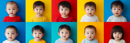 Nine Adorable Babies with Joyful Expressions, Colorful Background, Studio Portraits of Infantsの素材