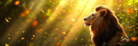 Majestic Lion Basking in Golden Sunlight, Serene Wildlife Portrait in Lush Jungle Habitatの素材
