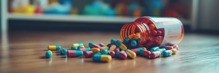 Pills Spilled from Bottle Concept of Child Safety, Accidental Overdose, and Medicine Danger.の素材