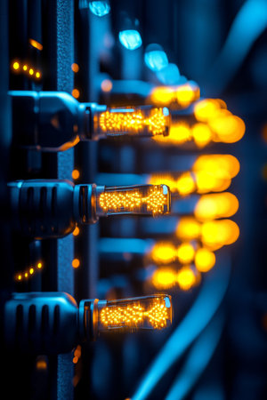 Abstract Close-Up Futuristic Technology With Glowing Lights And Connections At Night.の素材