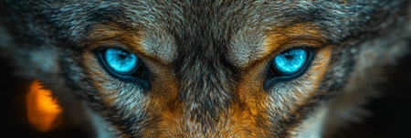 Intense Gaze Close-Up Portrait of a Majestic Wolf with Striking Blue Eyes and Detailed Furの素材