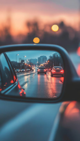 Urban Commute Car Mirror Reflects Evening Rush Hour Traffic, City Lights Blur in the Distance.の素材