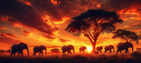 Silhouette of an Elephant Herd Walking Across the Savanna Against a Fiery African Sunsetの素材