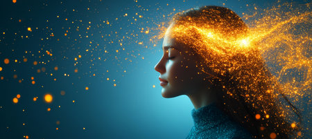 Woman With Flowing Light Particles, Spirituality, Concept of Enlightenment, High Resolutionの素材