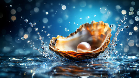 Precious Gem Single Pearl in Open Oyster Shell, Splashing Water, Dark Blue Backgroundの素材
