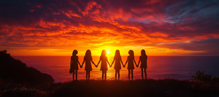 Six Silhouetted Girls Holding Hands, Embracing Friendship Against a Vibrant Sunset Over the Oceanの素材