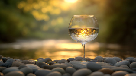 Sunlight Reflections In A Glass On Smooth Pebbles With Blurred Natural Background, Space For Textの素材