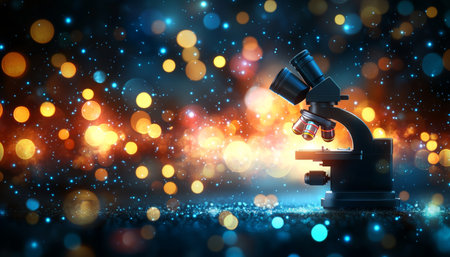 Blurred Microscope on Sparkling Background, Scientific Research Concept with Copy Spaceの素材