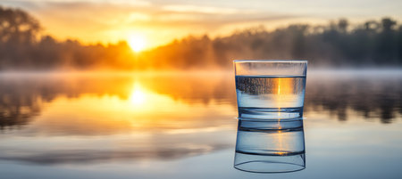 Glass of Water Reflecting the Morning Sunlight on the Lake with Scenic Sunrise Backgroundの素材