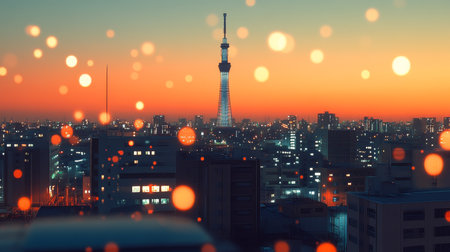 Tokyo Tower Silhouette Tokyo Skyline At Magical Sunset With City Lights And Bokeh Effectの素材